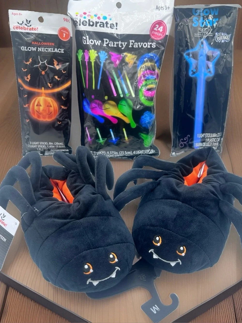Celebrate Halloween Kids Black Spider Critter Slippers M (11-12) & Glow Toy Lot